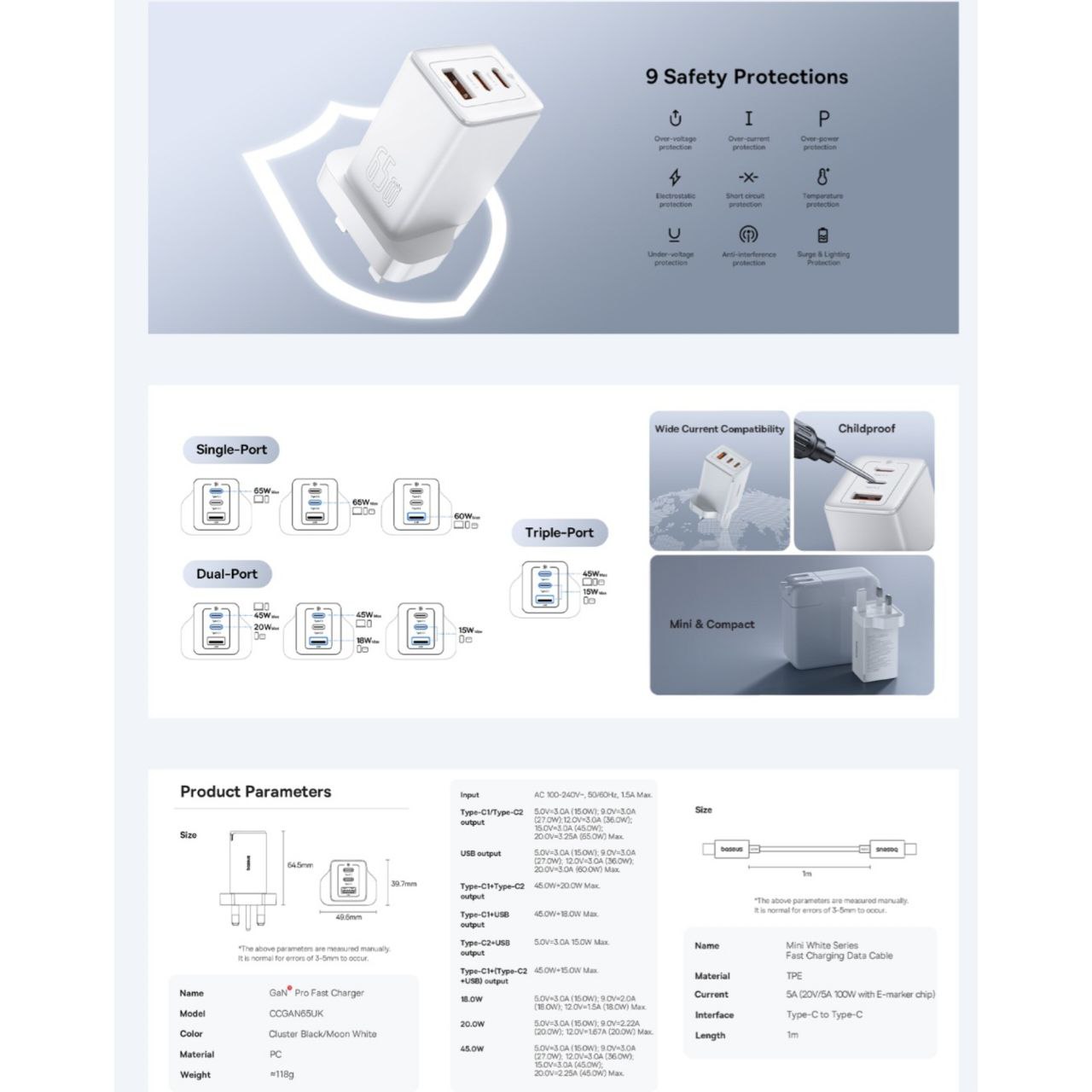 شارژر دیواری 65 وات بیسوس مدل CCGAN65UK به همراه کابل USB-C