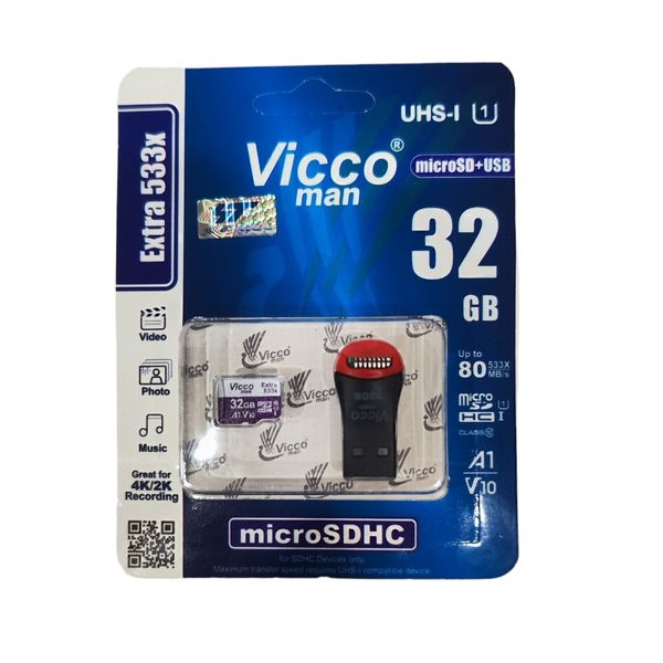 کارت حافظه microSDHC ویکو من مدل Extre 533X کلاس 10 استاندارد UHS-I U1 سرعت 80MBps ظرفیت 32 گیگابایت به همراه کارت خوان