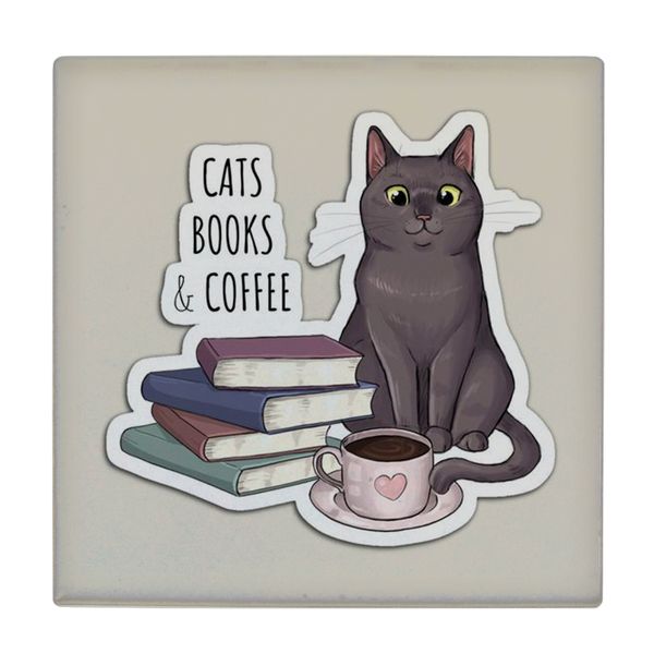  کاشی کارنیلا طرح گربه ، فنجان قهوه و کتابها کد wkk5148 