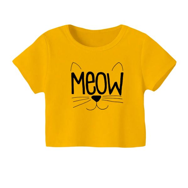 کراپ‌ تی‌شرت آستین کوتاه زنانه مدل گربه کد 14 رنگ زرد