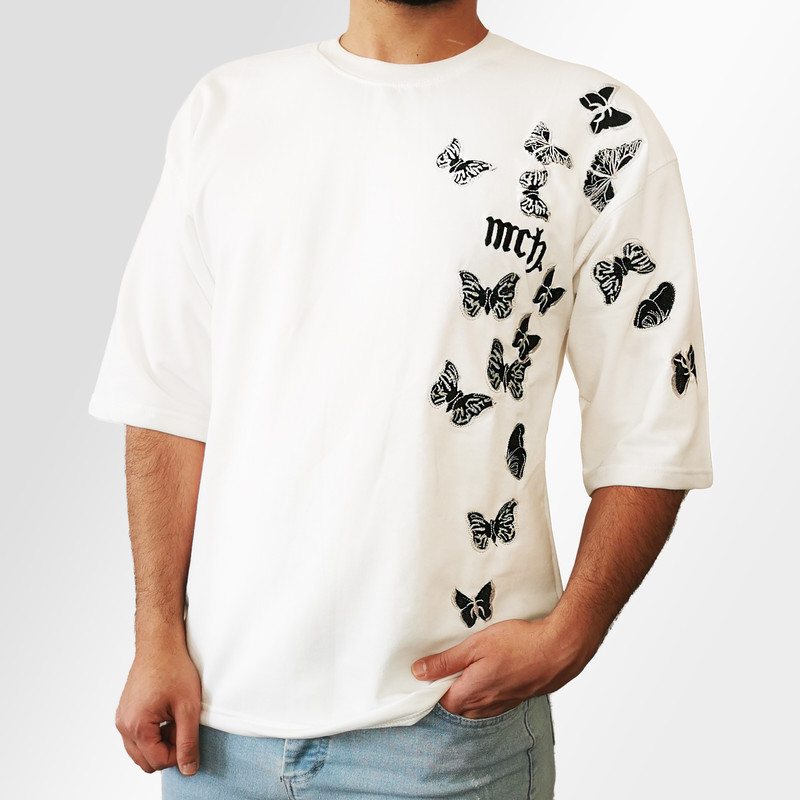 تی شرت اورسایز آستین کوتاه مردانه مدل گلدوزی پروانه