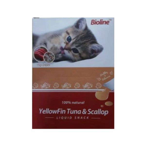 اسنک مایع گربه بیولاین مدل yellowfin &amp; scallop وزن 15 گرم بسته 24 عددی