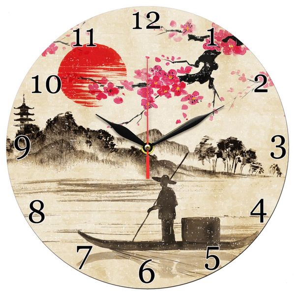 ساعت دیواری طرح نقاشی ژاپنی قایق و کوه و دریا کد 1415