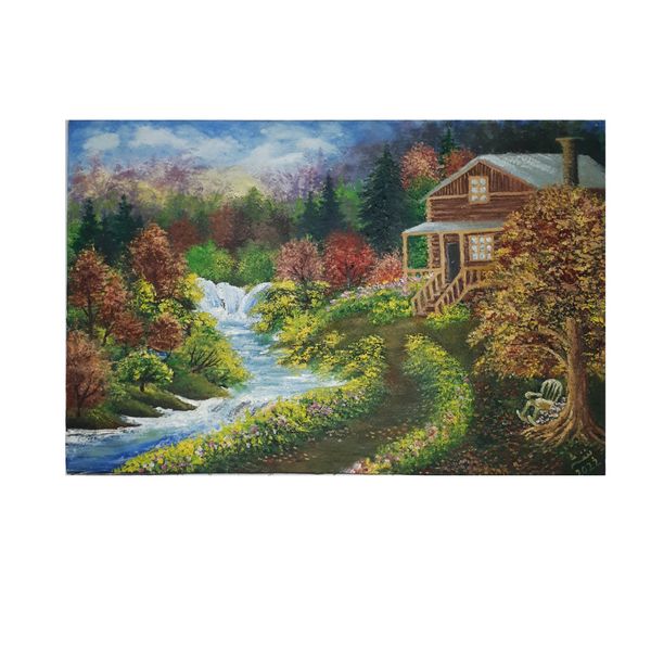 تابلوی نقاشی رنگ روغن طرح طبیعت کلبه کنار رودخانه کد 87