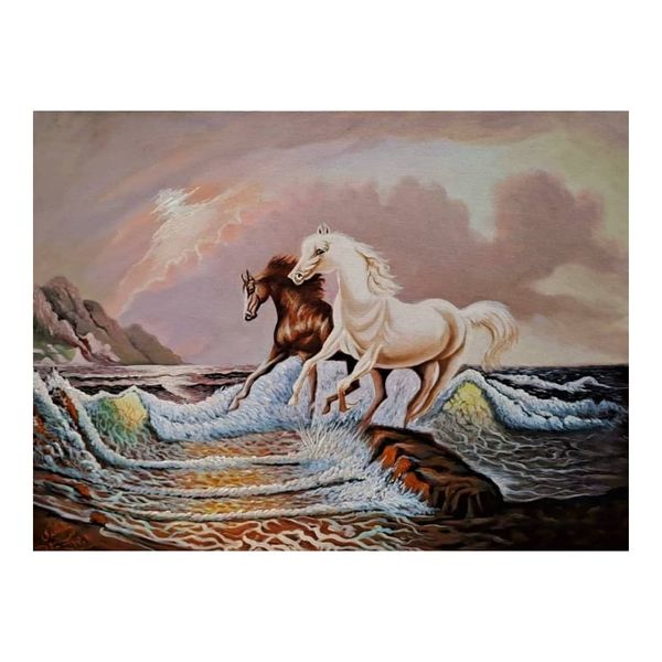 تابلو نقاشی رنگ روغن طرح اسب و دریا