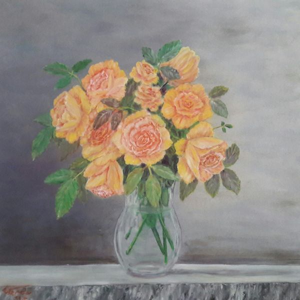 تابلو نقاشی رنگ روغن طرح گلدان شیشه ای کد ۱۳۵۶