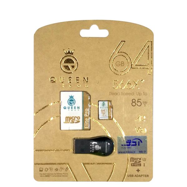  کارت حافظه microSDXC کوئین تک مدل +Elite pro 566X کلاس 10 استاندارد UHS-I U3 سرعت 85MBps ظرفیت 64 گیگابایت به همراه آداپتور SD و کارت خوان