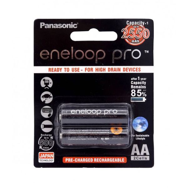 باتری قلمی قابل شارژ پاناسونیک مدل Eneloop Pro BK-3HCDE بسته 2 عددی