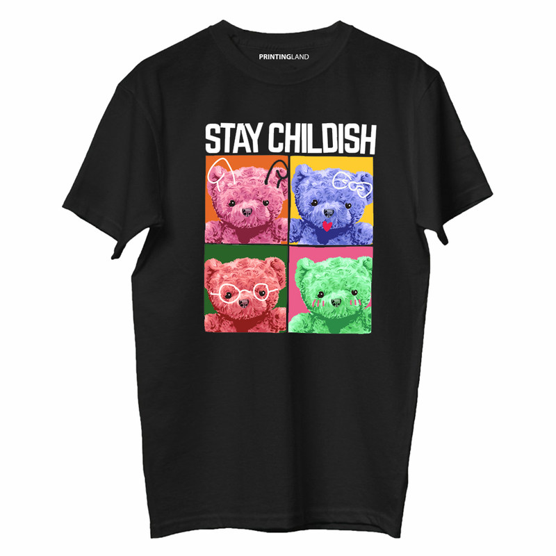 تی شرت آستین کوتاه زنانه پرینتینگ لند طرح CHILDISH TEDDY کد P156