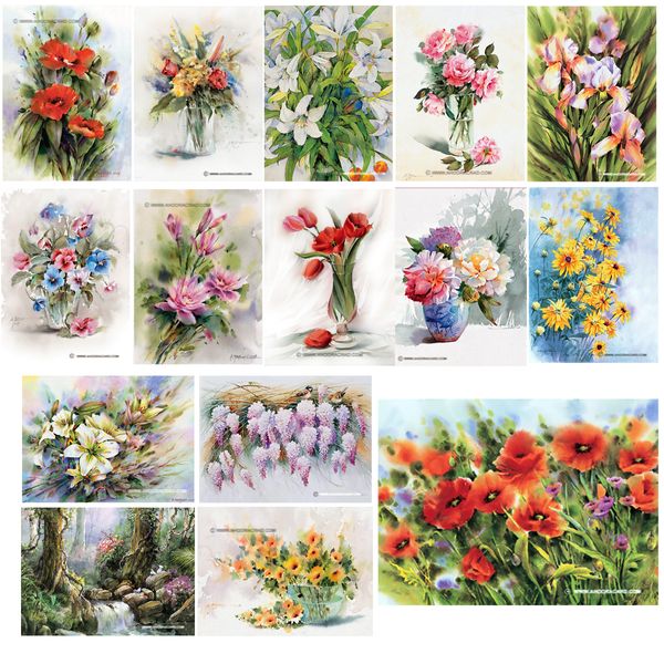 کارت پستال اهورا مدل گل‌های بهاری نقاشی آبرنگ کد: A-23 بسته 15 عددی