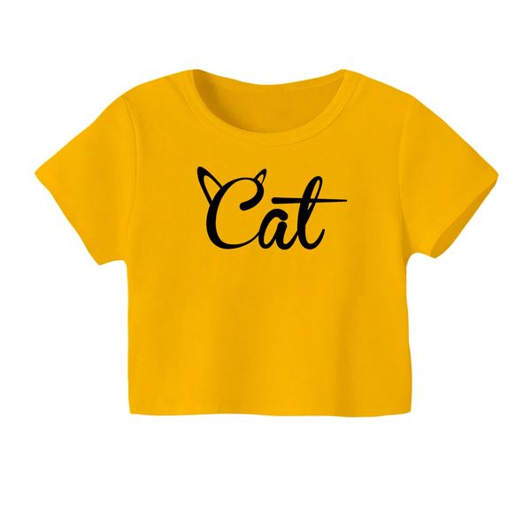 کراپ‌ تی‌شرت آستین کوتاه زنانه مدل گربه کد 12 رنگ زرد