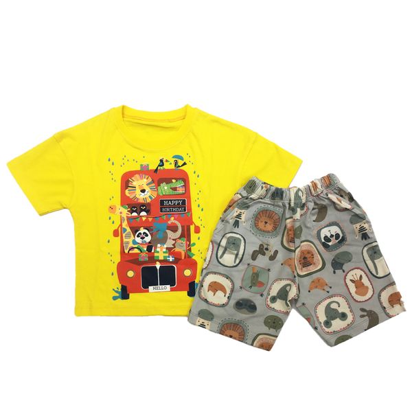 ست تی شرت و شلوارک پسرانه مدل حیوانات و تولد رنگ زرد