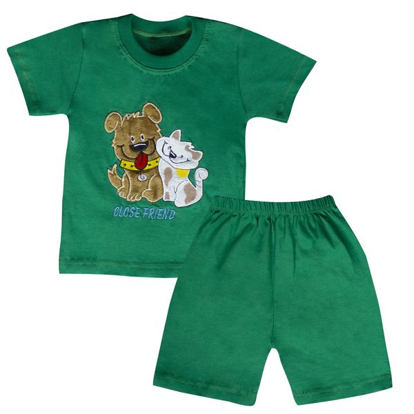 ست تی شرت و شلوارک پسرانه مدل سگ و گربه رنگ سبز