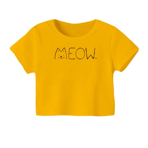 کراپ‌ تی‌شرت آستین کوتاه زنانه مدل گربه کد 17 رنگ زرد