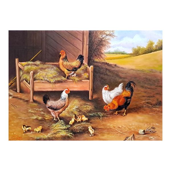 تابلو نقاشی رنگ روغن طرح مرغ و خروس
