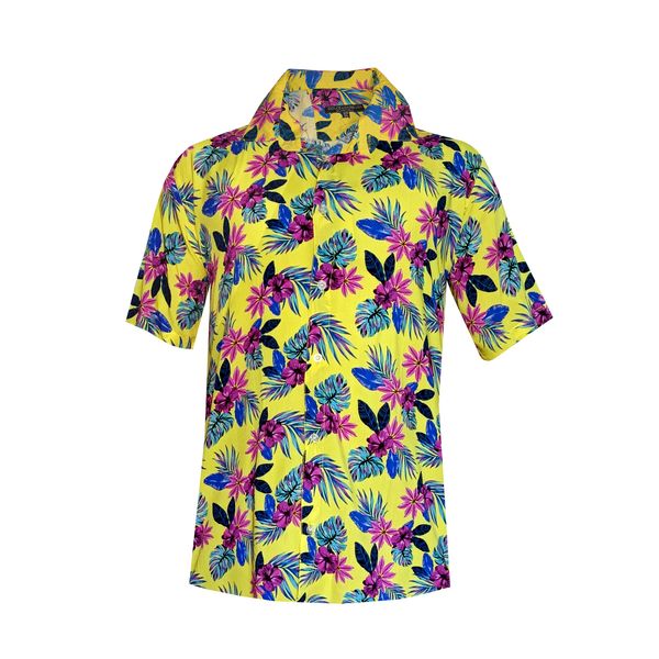 پیراهن آستین کوتاه مردانه مدل هاوایی گل کد H-YEL رنگ زرد