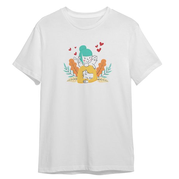 تی شرت آستین کوتاه دخترانه مدل دختر و گربه کد 0658 رنگ سفید