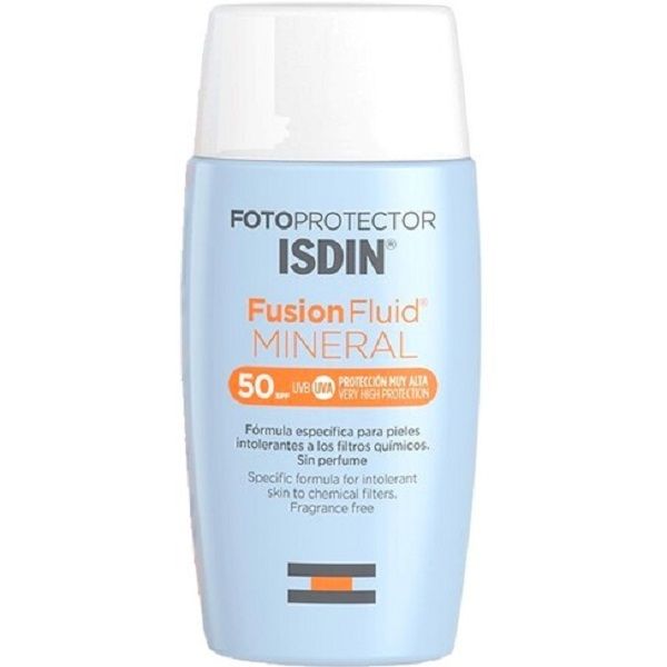 کرم ضد آفتاب بدون رنگ ایزدین SPF50 مدل Fusion fluid mineral مناسب برای انواع پوست حجم 50 میلی‌لیتر