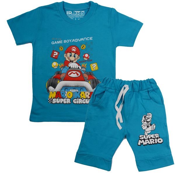 ست تی شرت و شلوارک پسرانه مدل ماریو رنگ آبی
