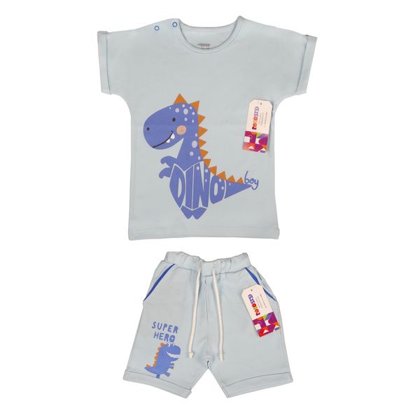 ست تی شرت و شلوارک نوزادی روکو کوچولو مدل دایناسور رنگ آبی روشن