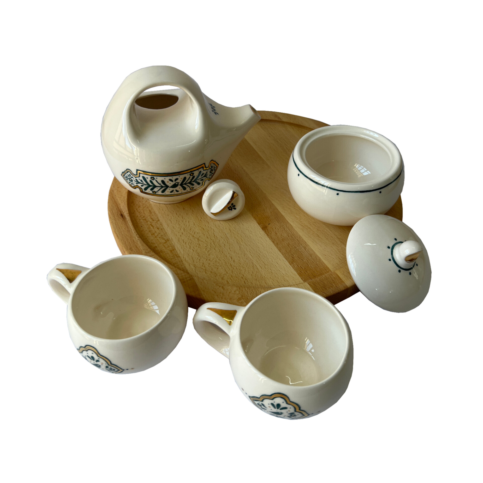سرویس چای خوری 5 پارچه سرامیکی طرح ماه منیر به همراه سینی چوبی