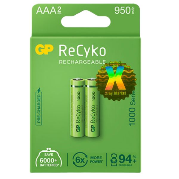 باتری نیم قلمی قابل شارژ جی پی مدل Rechargeable Recyko 950 (1000 series) XRAY بسته دو عددی