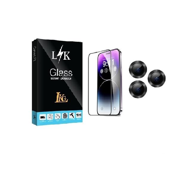محافظ صفحه نمایش ال کا جی مدل LK FULL مناسب برای گوشی موبایل اپل iPhone 15 Pro Max به همراه لنز رینگی دوربین