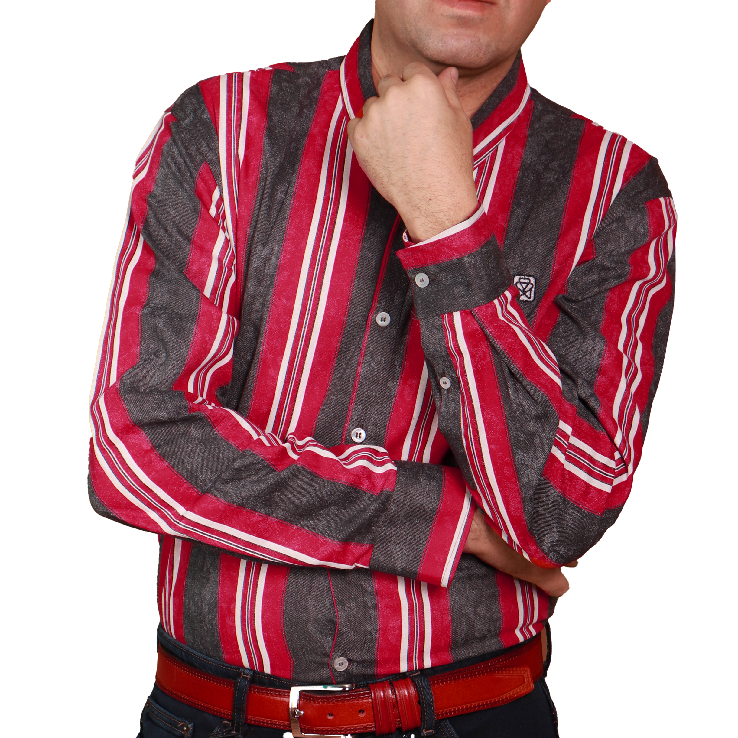 پیراهن آستین بلند مردانه مدل دنیم خطی کد 7653 رنگ قرمز