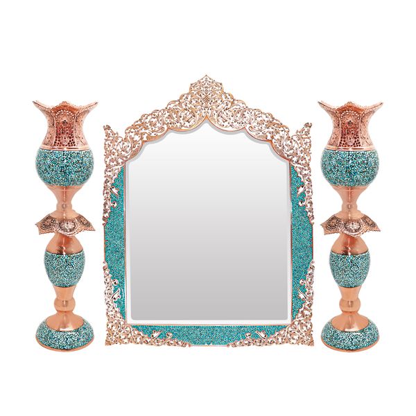 ست 3 تکه آینه و شمعدان فیروزه کوبی مدل شاهکار